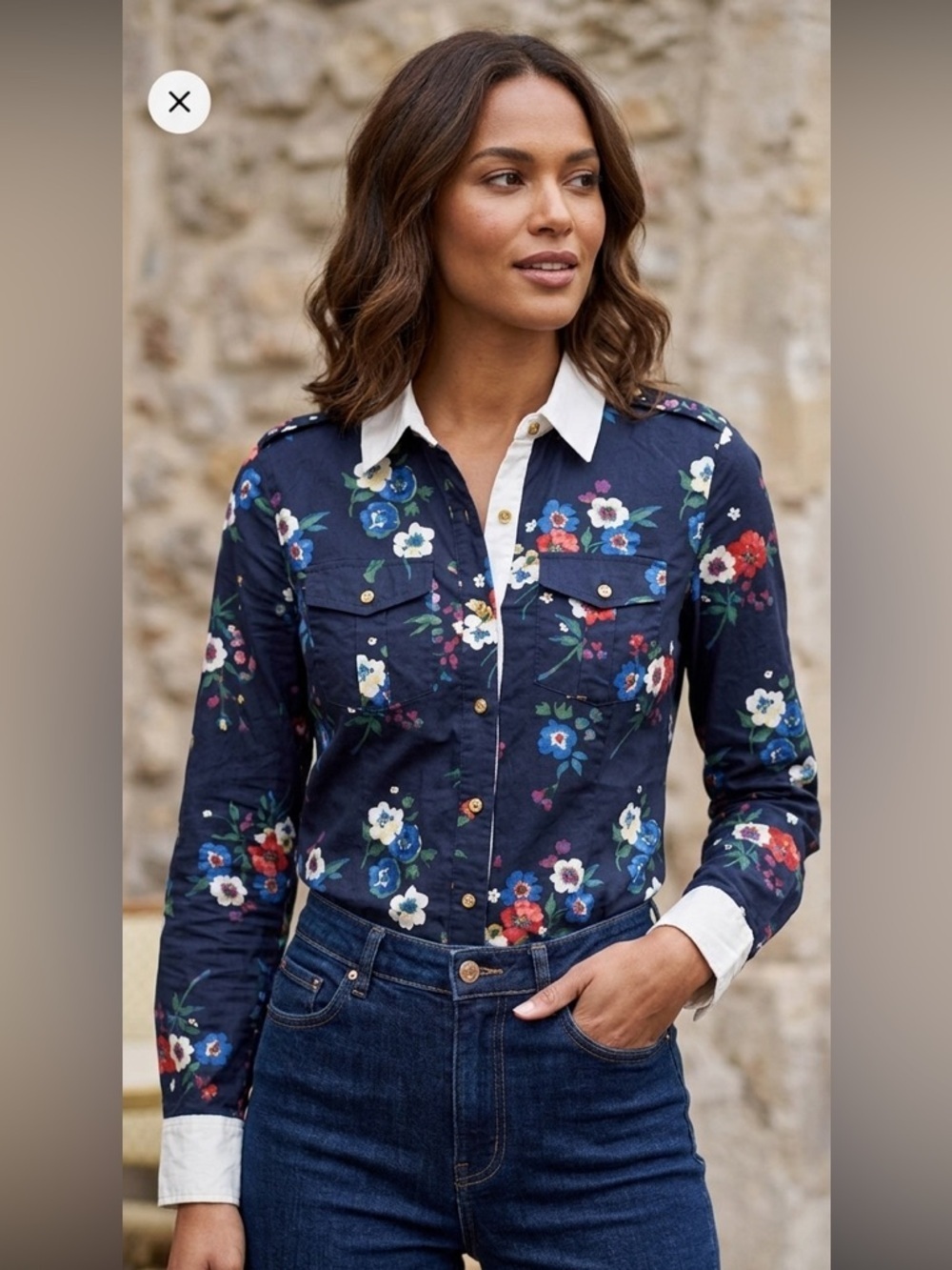 TORY BURCH Pansy Floral Print Button Down Shirt Contrast Collar (112)